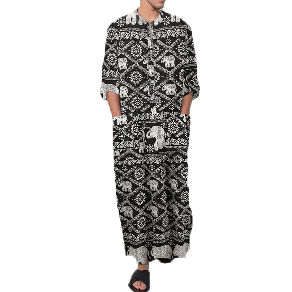 Dotbuy-Shop Men's Black Muslim Robe Islamic Thobe Long Sleeve Kaftan Abaya Middle East Dubai Loose Casual Ethnic Clothing Jalabiya Gown Shirt For