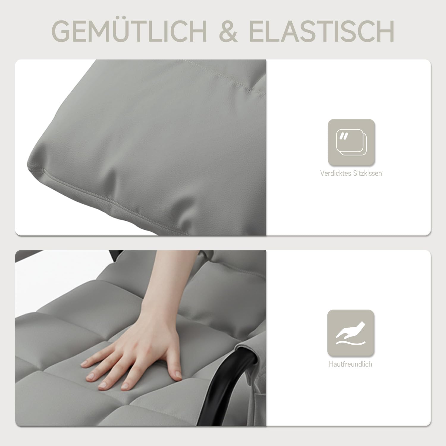 Schaukelstuhl Schaukelsessel mit PU-Leder,160°Neigung 5-Fach Verstellbare Rückenlehne,Ergonomischer Relaxsessel mit Metallgestell für Wohnzimmer Schlafzimmer,Grau