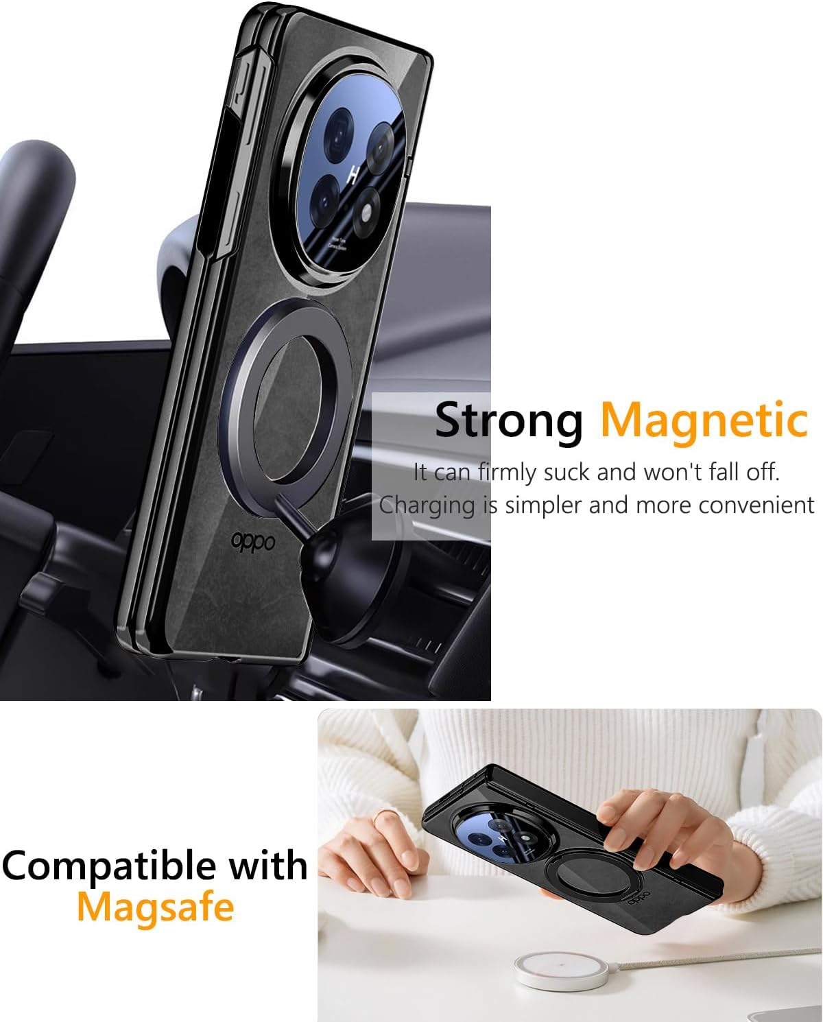 for Oppo Find N5 Case with Rotating Ring Holder Kickstand, Magnetic Case with Screen Protector Hinge Protection Wireless Charging Slim Crystal Clear PC Protective Cover for Oppo Find N5 Black