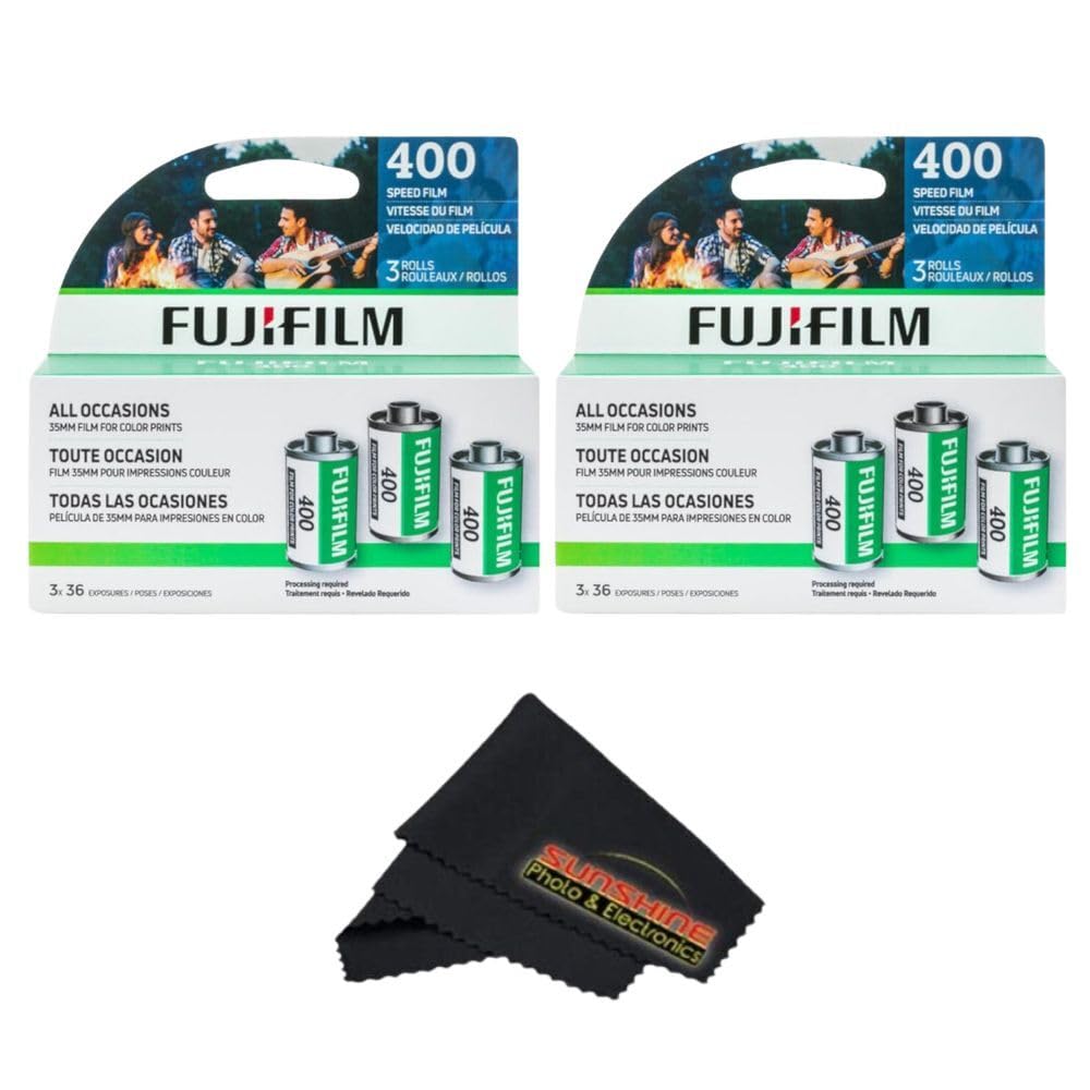 Fujifilm Fujicolor 400 Color Negative Film (35mm Roll Film, 3x36) + Sunshine Photo Microfiber Cleaning Cloth (2 Pack)