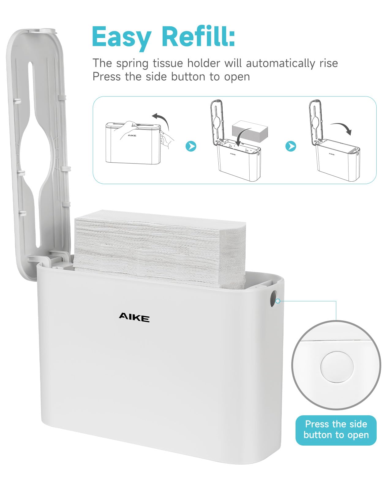 AIKE Dispensador de toallas de papel, capacidad de 200 hojas, se adapta a toallas de papel multipliegue, para el hogar y el comercio, color blanco (tamaño plegado de 9.8 x 3.8 pulgadas o más pequeño)