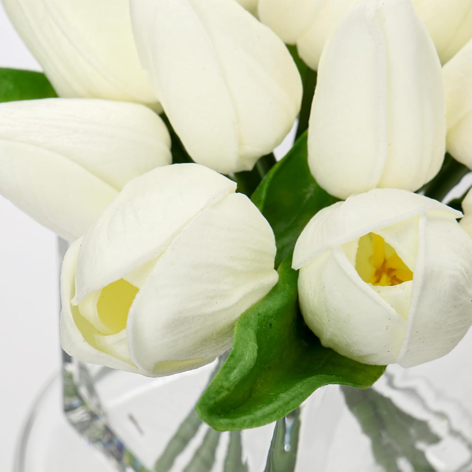 DILATATA Artificial White Tulips in Vase with Faux Water 5.5" Real Touch Flowers Fake Tulips Small Flowers Arrangement in Cube Glass Vase for Mother's Day Table Centerpiece Wedding Home Decor - Image 3