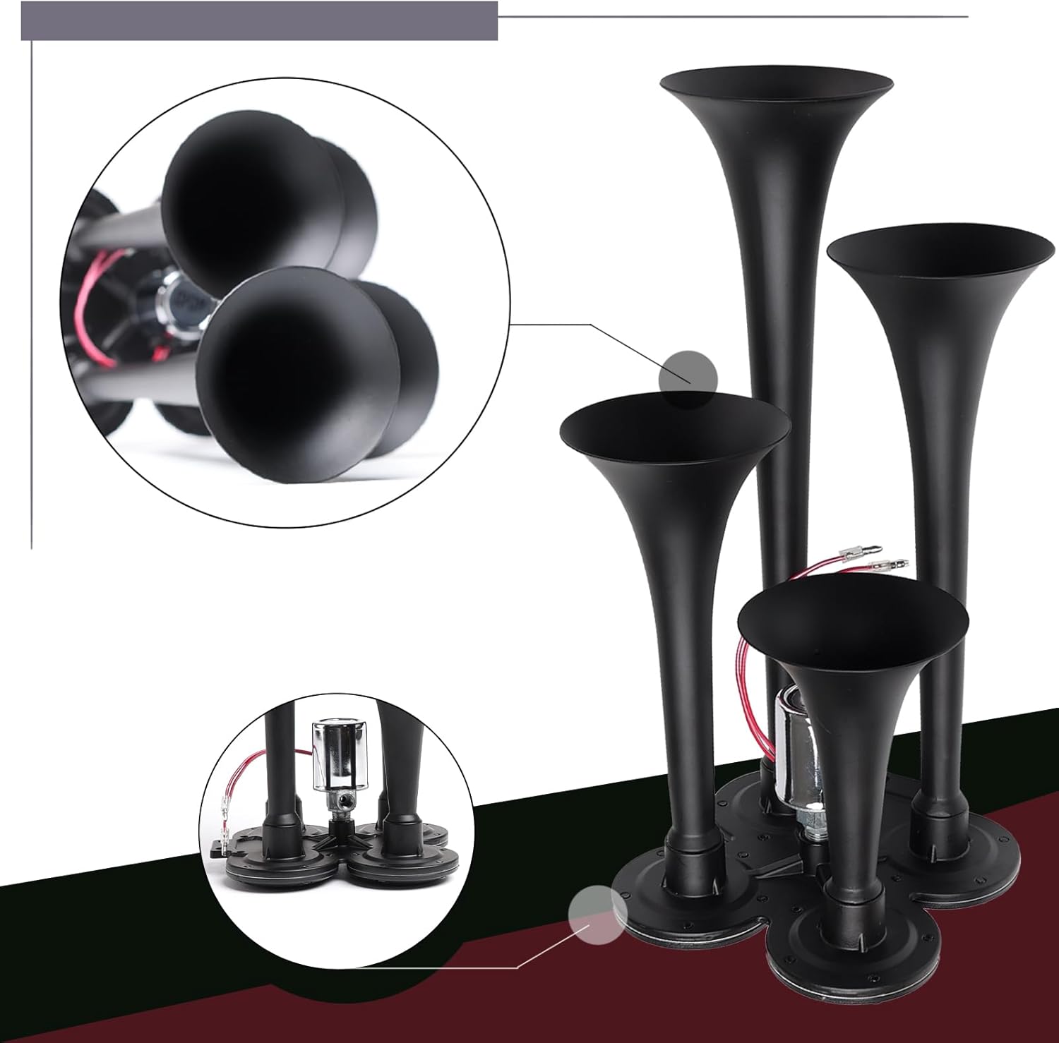 FARBIN 12V/24V Truck Air Horn 178DB 4 Trumpet Horns Train Horn for Truck Super Loud Air horns with Electric Solenoid Chrome Universal for Pickup Car Jeep SUV Train Boat (black 4-tube 12/24V)