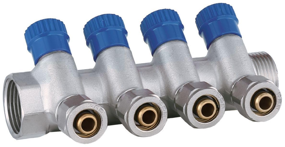 Set Collettore Acqua Riscaldamento PEX 1” x 16 mm Distributore D'Acqua In Ottone Nichelato Con Mini Valvole Integrate Fascio Distributore Blu 4 Circuiti Rosso 4 Circuiti H2541B4R4
