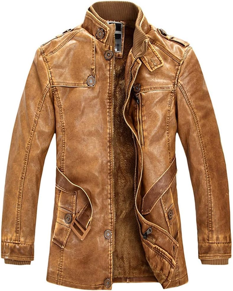 KEHAIOO Men's Winter Warm Biker Leather Jackets Fleeced Motorcycle Faux Leather Coats Stand Collar Plus Size