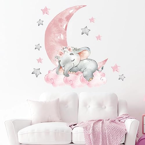 Miniatura 2 de Lindas calcomanías de pared de elefante rosa durmiendo, luna y estrellas de sacinora para bricolaje, calcomanías de pared de vinilo extraíble para