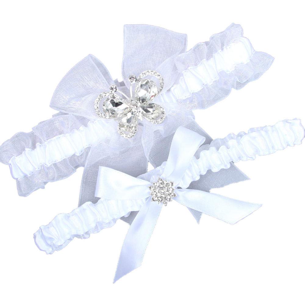 Giarrettiera Elasticizzata con Fiocco in Pizzo, Gamba da Sposa Elasticizzata con Nodo di Diamanti in Vetro con Reggicalze-Bianco 5 Pezzi_L, Giarrettiera Elasticizzata con Fiocco in Pizzo (Bianco 5