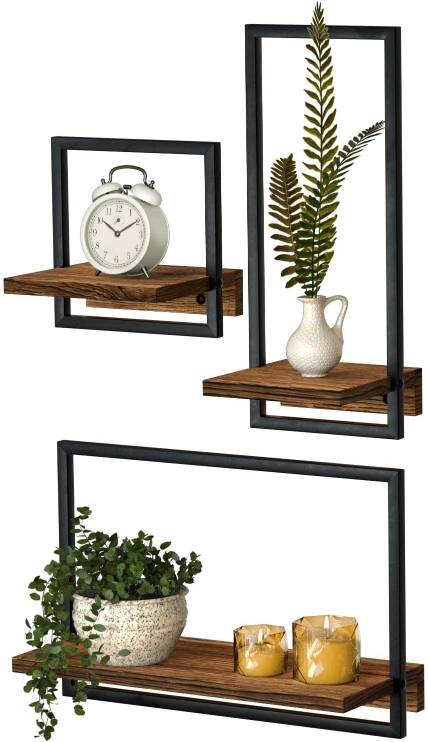 DELFOY Metal Frame Rustic Wooden Floating Hanging Shelves, Home Decor Wall Mounted Display Organizing Shelf for Living Room, Bedroom, Office Bathroom. Set of 3 : Home & Kitchen
