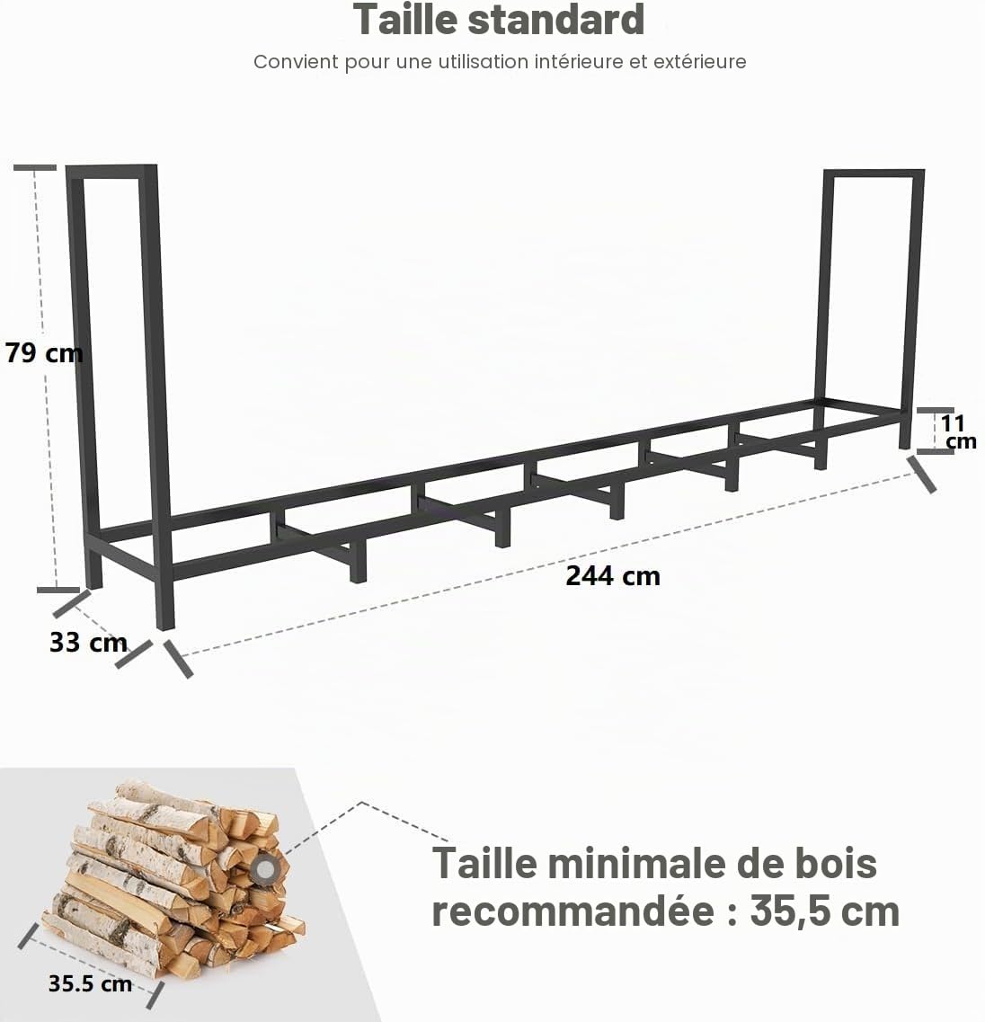 Range-bûches d'extérieur 2,4 m avec 14 pieds, étagère à bois résistant à la rouille, empilable réglable