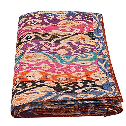 Janki Creation Kantha Multi Ikat India Patchwork Kantha Quilts tamaño doble reversible colcha de cama manta manta de estar decoración Cover