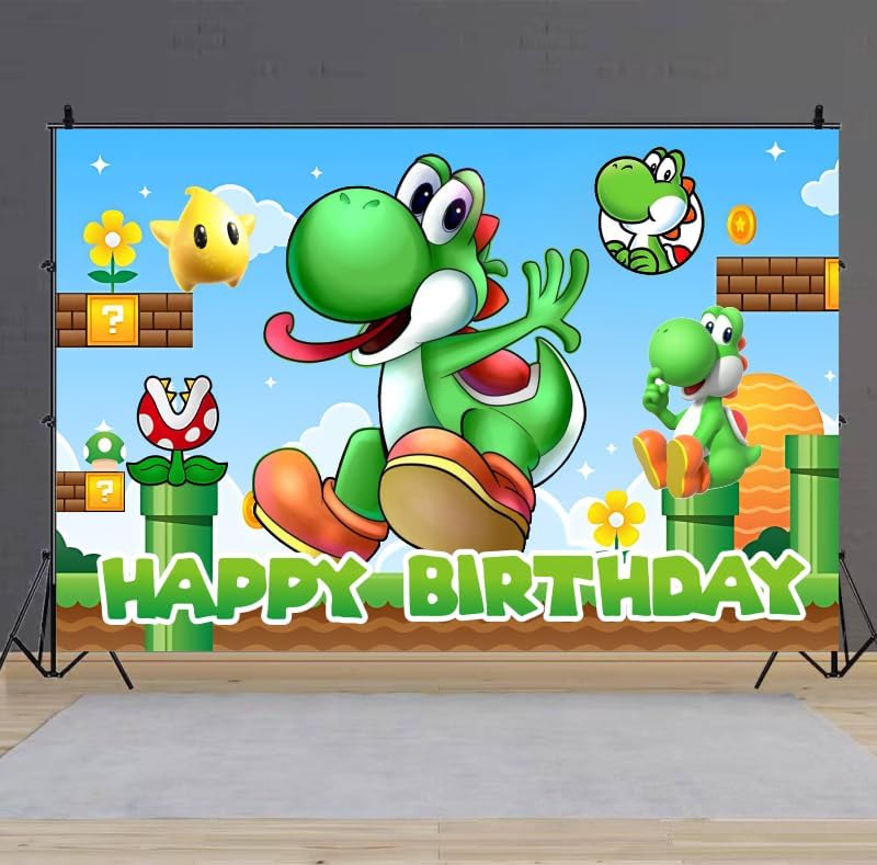Yoshi Birthday Party Decorations, 5x3ft Happy Birthday Back Drop Banner Theme Backdrop Banner for Mario Party Decorations Indoor Outdoor.