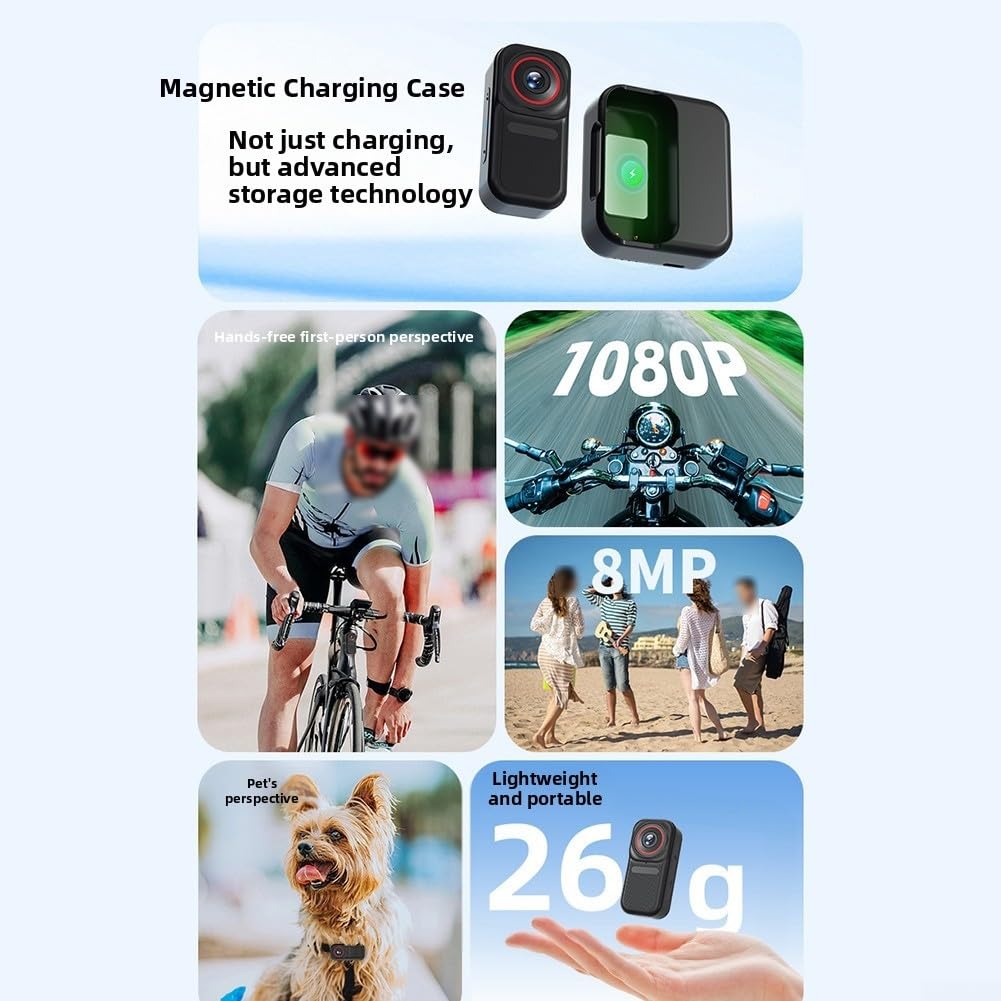 Fotocamera compatta in ABS con custodia magnetica | Video 4K per l'acquisizione, obiettivo grandangolare, stabilizzazione EIS, connettività WiFi, per il controllo app smartphone