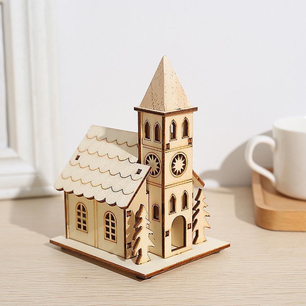 Kisangel 2pcs Led Light Wooden Cottage Ornaments for Christmas Holiday Light Up Wood House Xmas Decorations Tabletop Desk Chalet Decorations