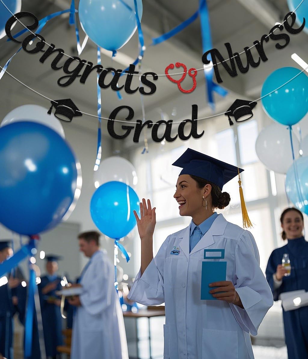 Congrats Nurse Grad Banner,Nursing School Graduation Party Decoartion,Class Of 2025 Congrats Nurse Rn Bsn Grad Party Supplies Black Glitter Double-Sided - Image 4