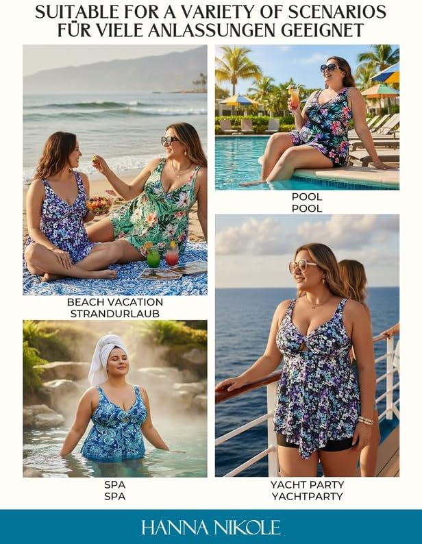 Hanna Nikole Tankini voor dames, grote maten, tweedelig, buikweg-badpak, cut -out tankini-tops met zwemshorts, push-up, badmode, verstelbare badkleding, crossover zwempak, elegante strandmode, zwart