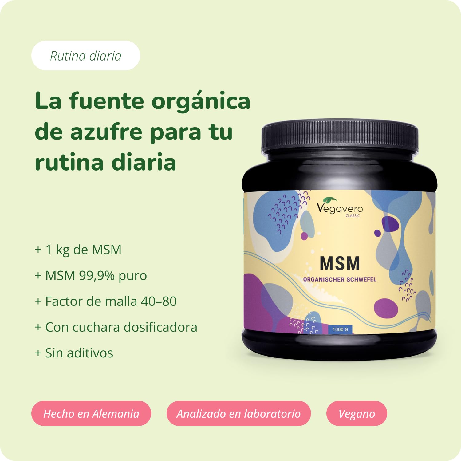MSM Polvo Vegavero | El Único PURO | 1 KG | Sin Aditivos | Antiinflamatorio Natural + Dolor Espalda + Articulaciones & Joint Support | Vegano