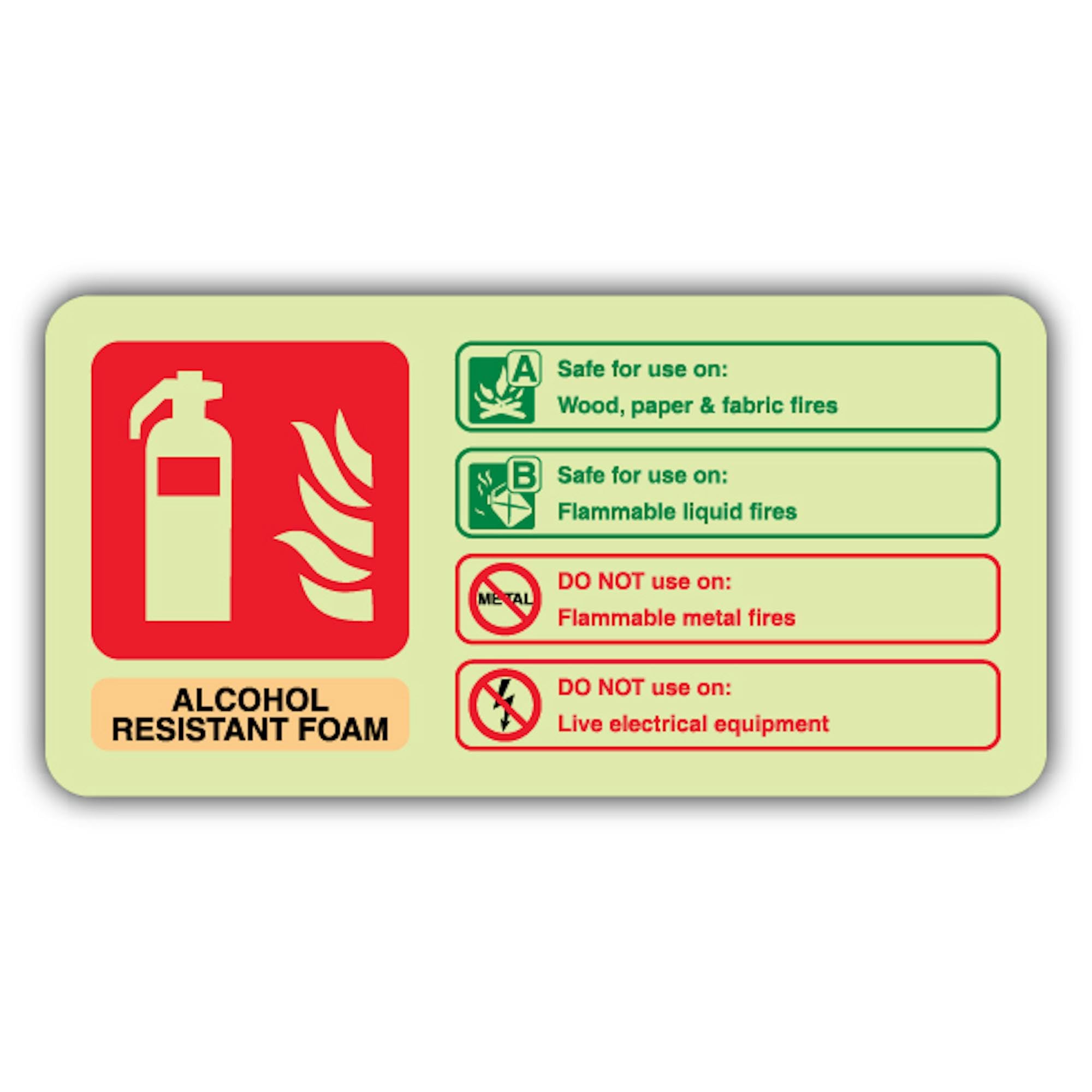 V Safety Glow In The Dark Alcohol Resistant Foam Fire Extinguisher- Landscape Sign - Landscape Format - 220 x 110 mm - Made From Triple Glow Rigid Plastic - Fire Safety Signage - Made in Britain