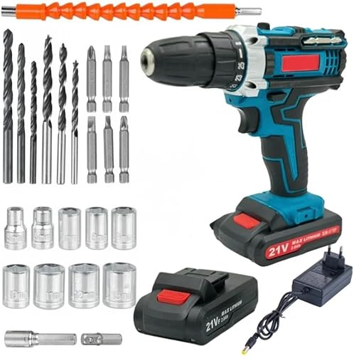 Cordless Hammer Drill Set with 2 Batteries, Case and Accessories, 26-Piece, Blue