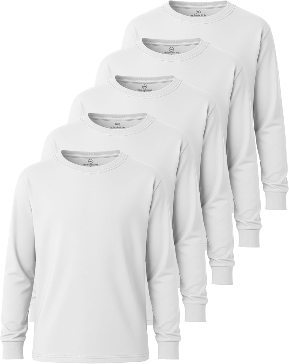 Real Essentials 5 Pack: Boys' Cotton Jersey Long Sleeve T-Shirt Uniform Kids Crew Neck Tee Top