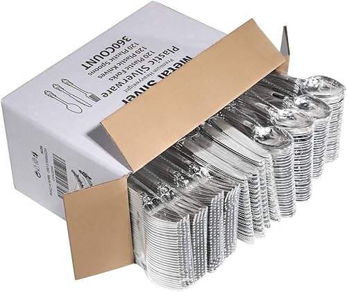 Miniatura 5 de WDF 360 cubiertos de plástico plateado, cubiertos desechables, cubiertos de plástico pesados, incluye 120 tenedores, 120 cucharas, 120 cuchillos