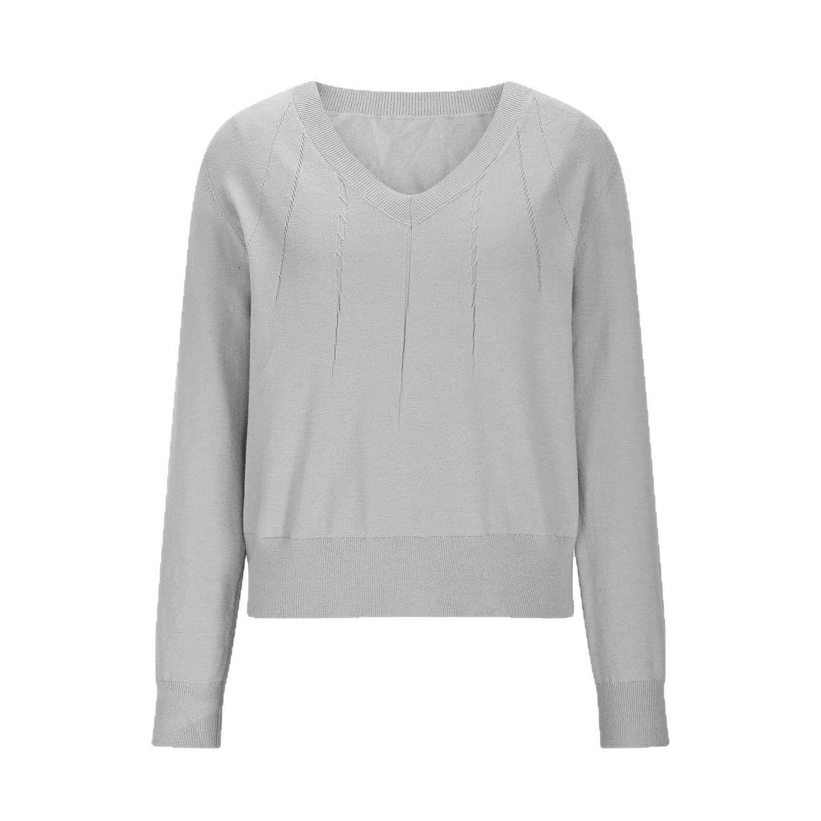 Womens V Neck Knit Sweater Long Sleeve Pullover Fall Tops Casual Loose Fit Solid Color Lightweight Fashion Clothing