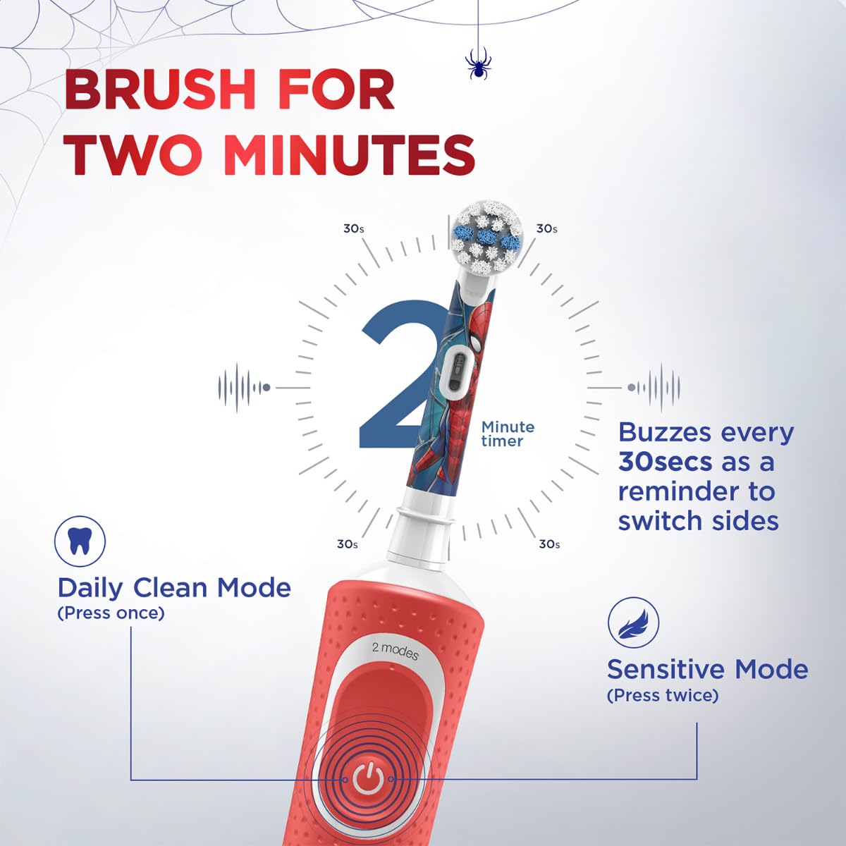 Oral-B Kids Spiderman Rechargeable Rotating Electric Toothbrush, 2 Brushing Modes (Daily & Sensitive), 2 Min Timer with Quadpacer, 2 Year Warranty by Oral B, IPX7 Water Resistant, Round Brush Head - Image 4 thumbnail