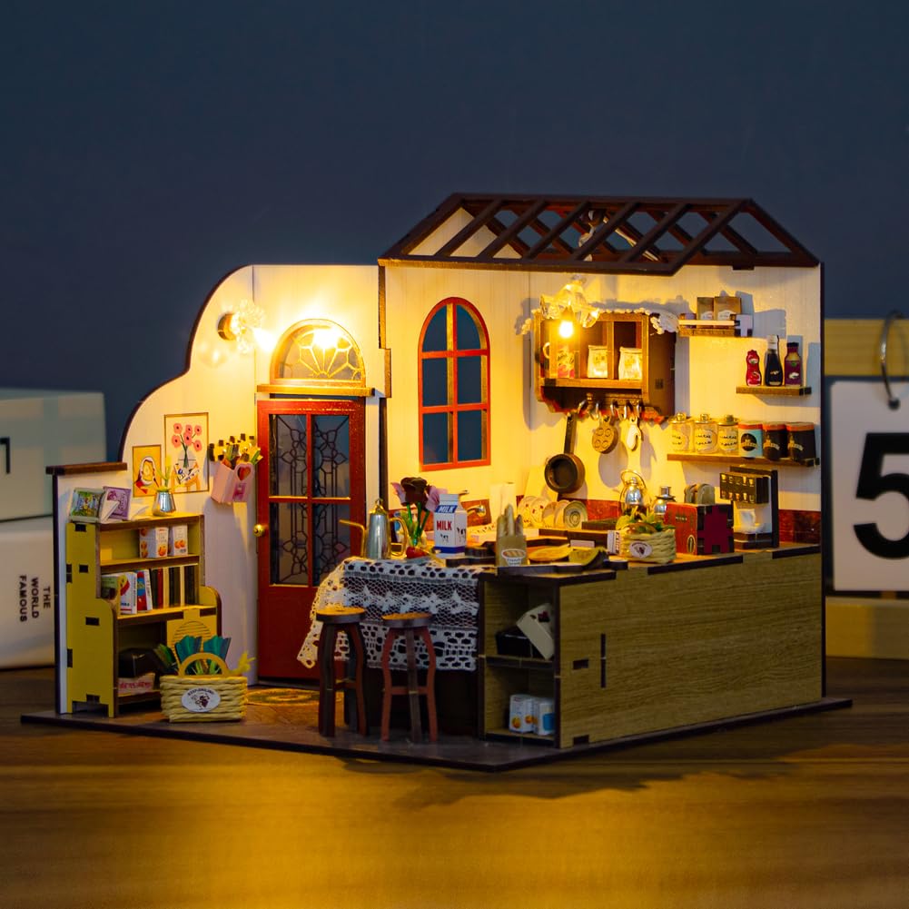 Kitchen Dollhouse Accessories DIY Miniature House Furniture Kit,Wooden Dolls House with Led Light, Puzzle Toy Creative Gift for Kid Teen Birthday