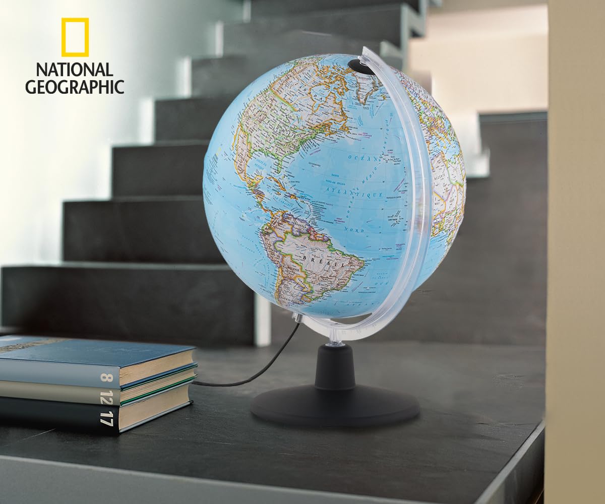 Tecnodidattica – Globe terrestre NATGEO Classic | Cartographie officielle physico-politique NATIONAL GEOGRAPHIC Classic | Lumineux et rotatif | Textes en français | Diamètre 30 cm