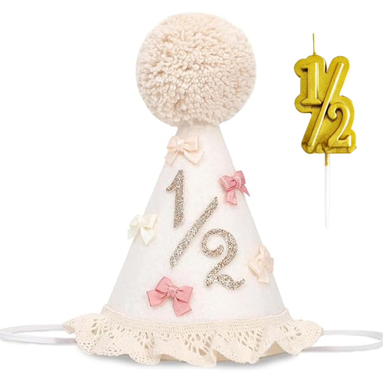 Shensuii 1/2 Birthday Hat with Gold Cake Topper for Kids Celebrating,1Pcs