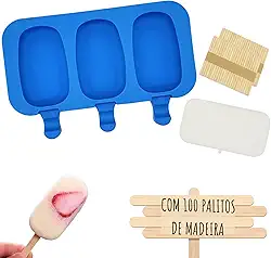 Formas Sorvete Picole Caseiro Silicone Com 3 Cavidades Tampa 100 palitos (Picolé)
