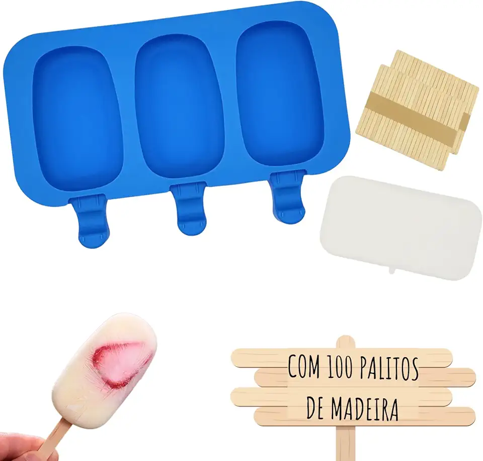 Formas Sorvete Picole Caseiro Silicone Com 3 Cavidades Tampa 100 palitos (Picolé)