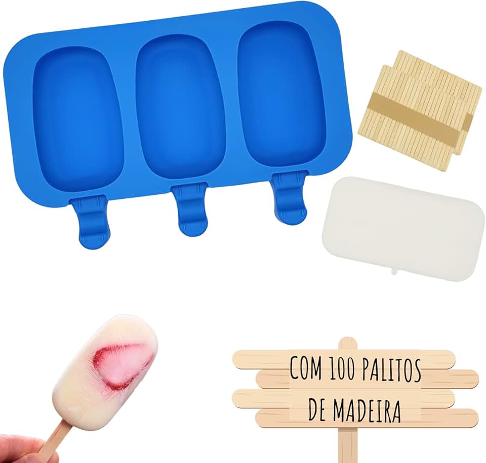 Formas Sorvete Picole Caseiro Silicone Com 3 Cavidades Tampa 100 palitos (Picolé)