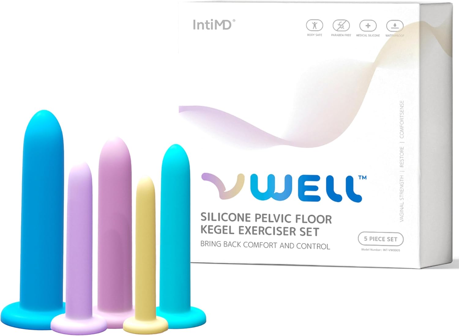 Silicone Pelvic Floor Muscle Dilator Exerciser Trainer Set by VWELL Complete 5 Kit System