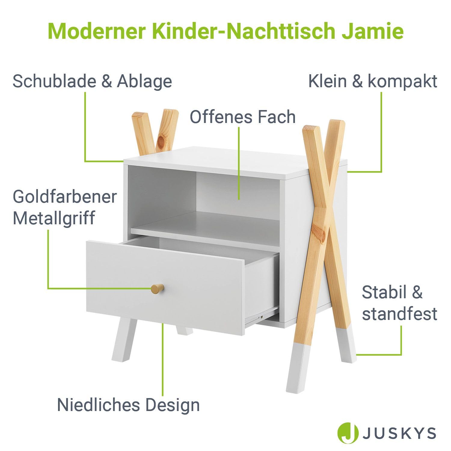 Juskys Table de Chevet pour Enfants Jamie avec tiroir, Tablette et Compartiment Ouvert - Petite Armoire de Nuit en Bois - Petite Table de Chevet - Commode Blanche Naturelle