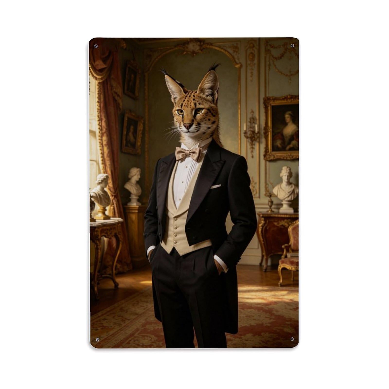 Victorian Caracal Aristocrat Gentleman Portrait Vintage Aluminium Metal Sign, Retro Wall Decor for Home, Bar, Garage & Farmhouse 30x20cm