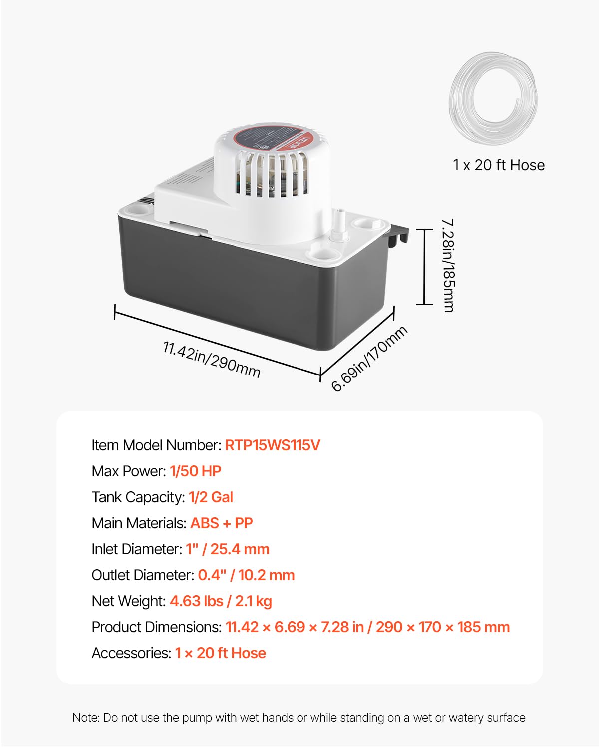VEVOR Kondensatabsaugpumpe Kondensatpumpe 1/50 PS 1,89 L Tank, automatische AC-Kondensatpumpe mit Schwimmerschalter und 6 m Schlauch für Klimaanlage Luftentfeuchter, Eisbereiter-Wasserablauf Schwarz