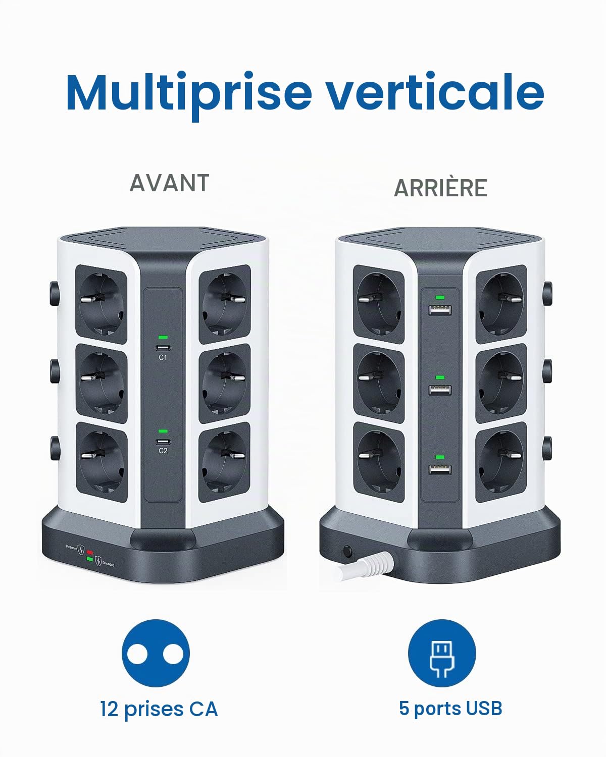 KOOSLA Bloc Multiprise 65W PD, 12 Prises, 2M, Gris Foncé