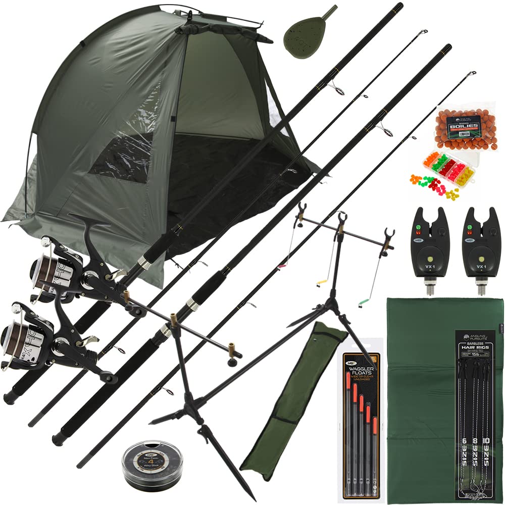 2x Carp Stalker Fishing Rod & Reel Complete Setup with Bivvy Shelter & Tackle | Session Pod | Bite Alarms | Boilies | Unhooking Mat