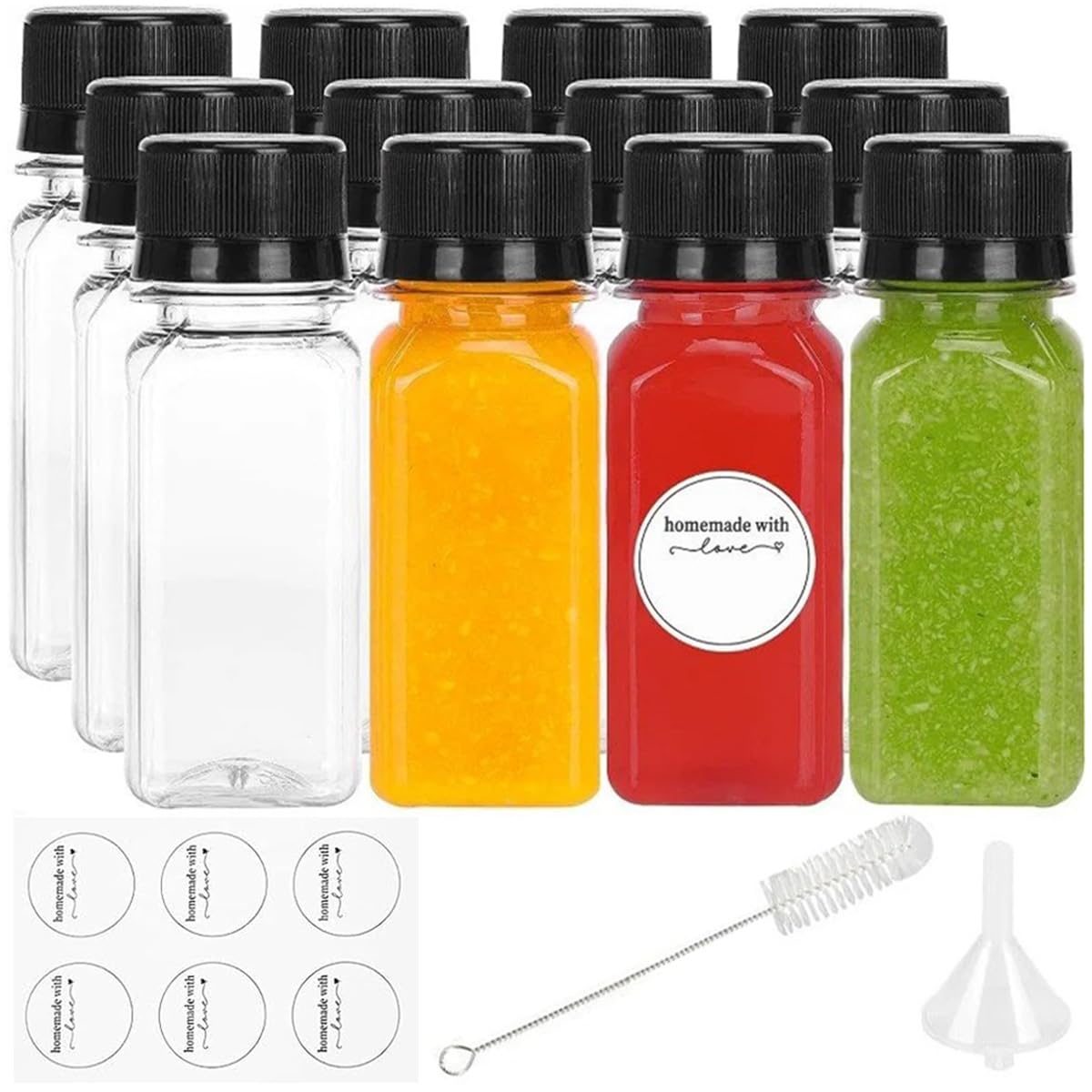 TAIHE 12Pcs Shot Bottles With Lids 60ml (2oz), Reusable Ginger Shot Bottles, Clear Leakproof Glass Juice Bottle with Lids,Brush, Funnel, Labels - Ideal for Juice, Oils, Liquor, Sauces