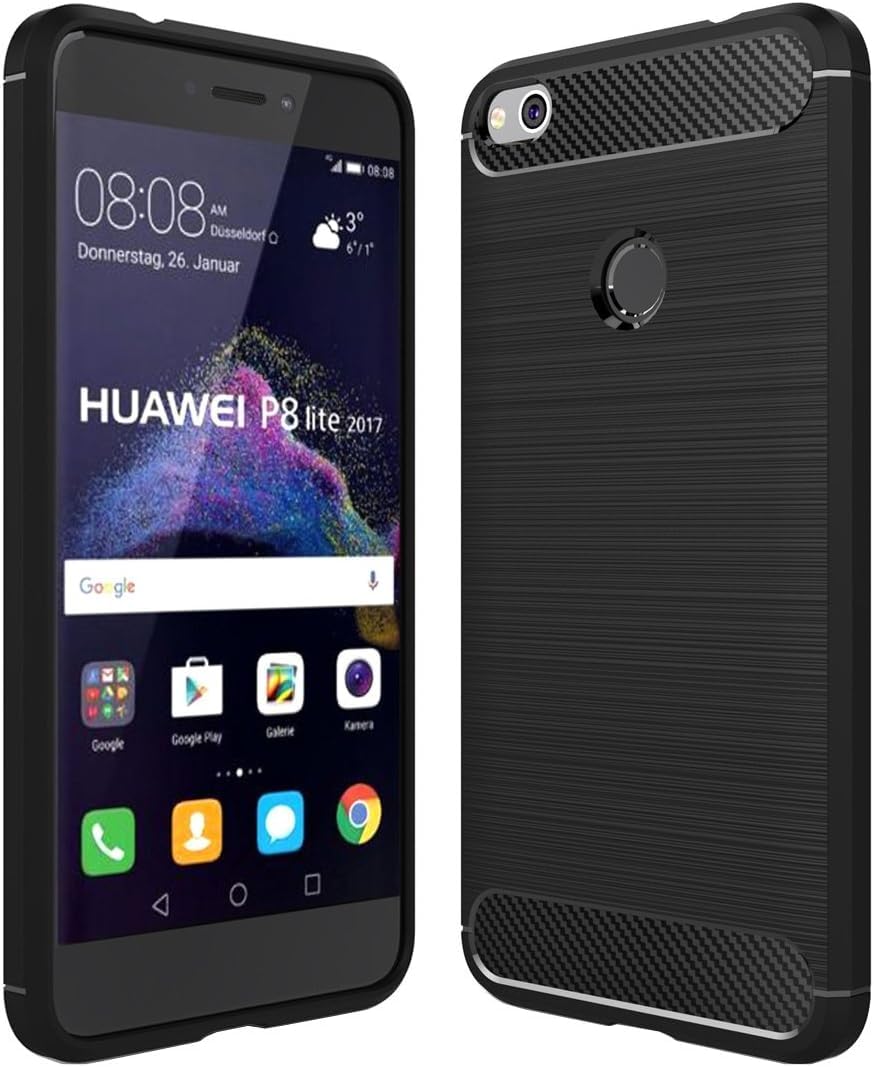 Custodia Compatibile Con HUAWEI P8 LITE 2017 / PRA-LA1; PRA-LX2; PRA-LX1; PRA-LX3 (5.2) Copertura Cover Protezione Flessibile Carbon Gel Silicone TPU Morbida Matte Soft Slim Case (Black - Foto 7