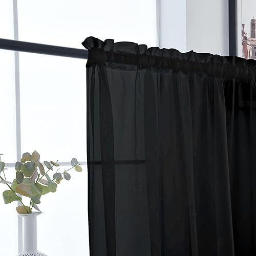 Miniatura 4 de SpaceDresser Paneles de cortina básica de gasa transparente con bolsillo para barra, color negro, 1 par de 2 paneles de 26 pulgadas de ancho y 24