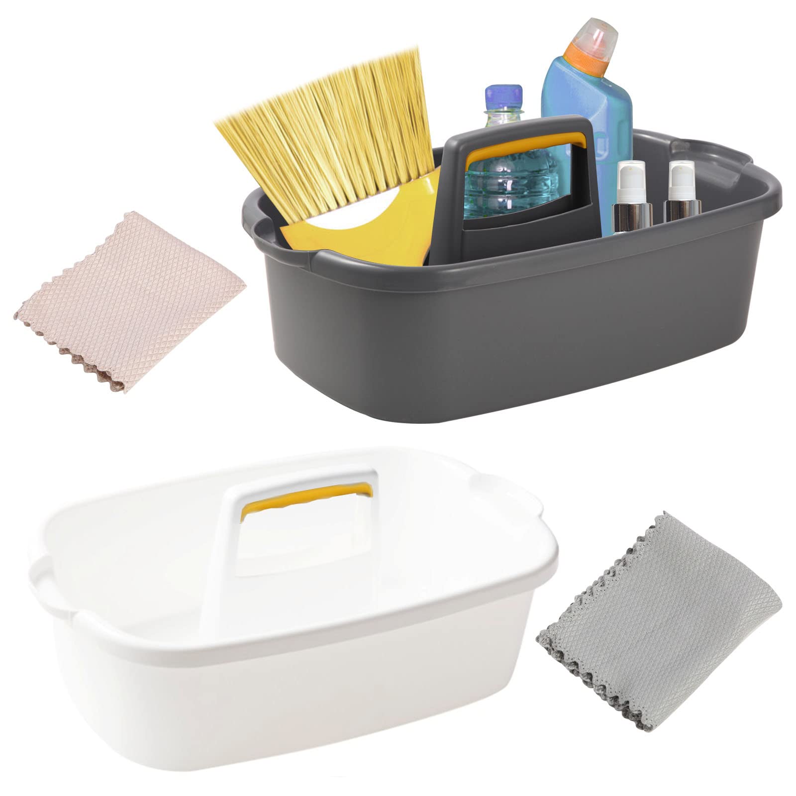 Whalegend 2 Pack Cleaning Caddy, Grey and White Cleaning Caddy Organizer with Handle, Plastic Tool Storage Cleaning Supply Caddy for Dorm, Kitchen, Under Sink (with 2 Pack Microfiber Cleaning Cloths)