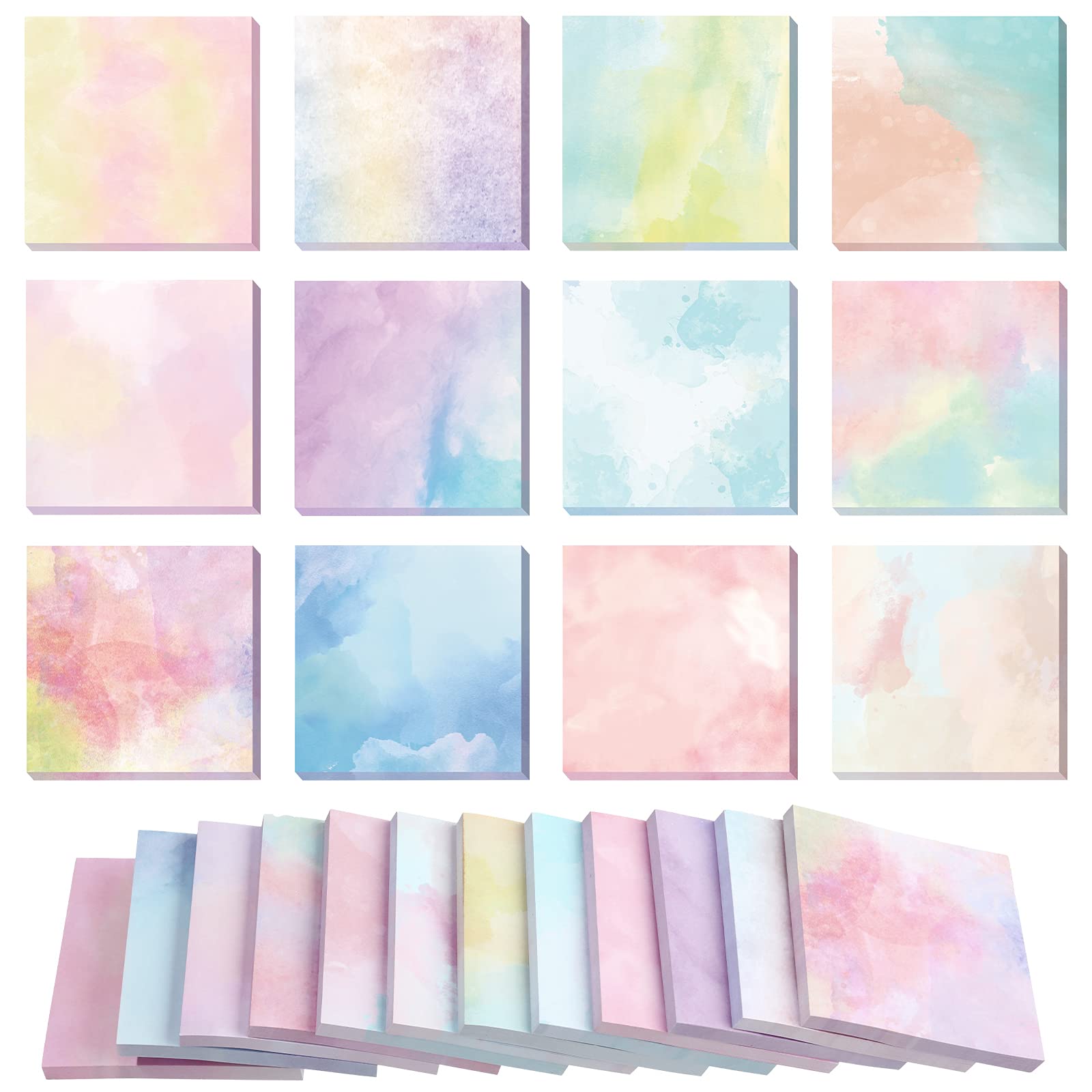 720 Pieces 12 Pack Watercolor Sticky Note Pads 2.8 x 2.8 Inches Multiple Designs of Watercolor Self-Stick Notes Self-Adhesive Memo Pads for Reminders Studying Office School Home - Watercolor Style