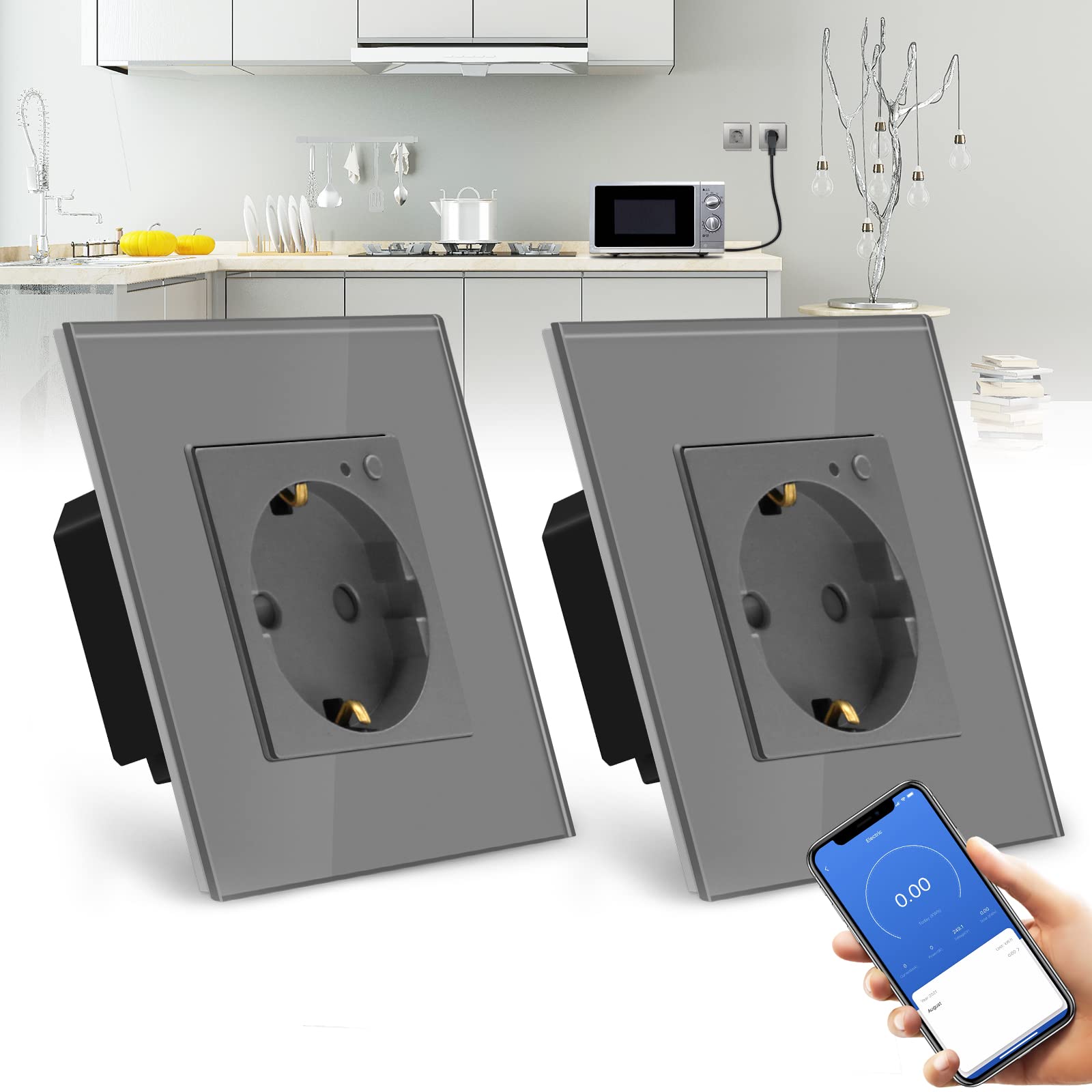 BSEED BSEED Enchufe Pared WiFi con monitor de consumo de energía, Schuko Enchufe inteligente Compatible con Alexa y Google Home,Control de APP y Función de Temporizador,Enchufe Simple Gris-2 Paquete