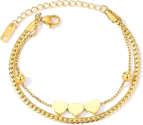 IFKM Pulseras de oro para mujer, chapadas en oro de 14 quilates, delicadas pulseras de cadena en capas, ajustables, lindas pulseras de eslabones