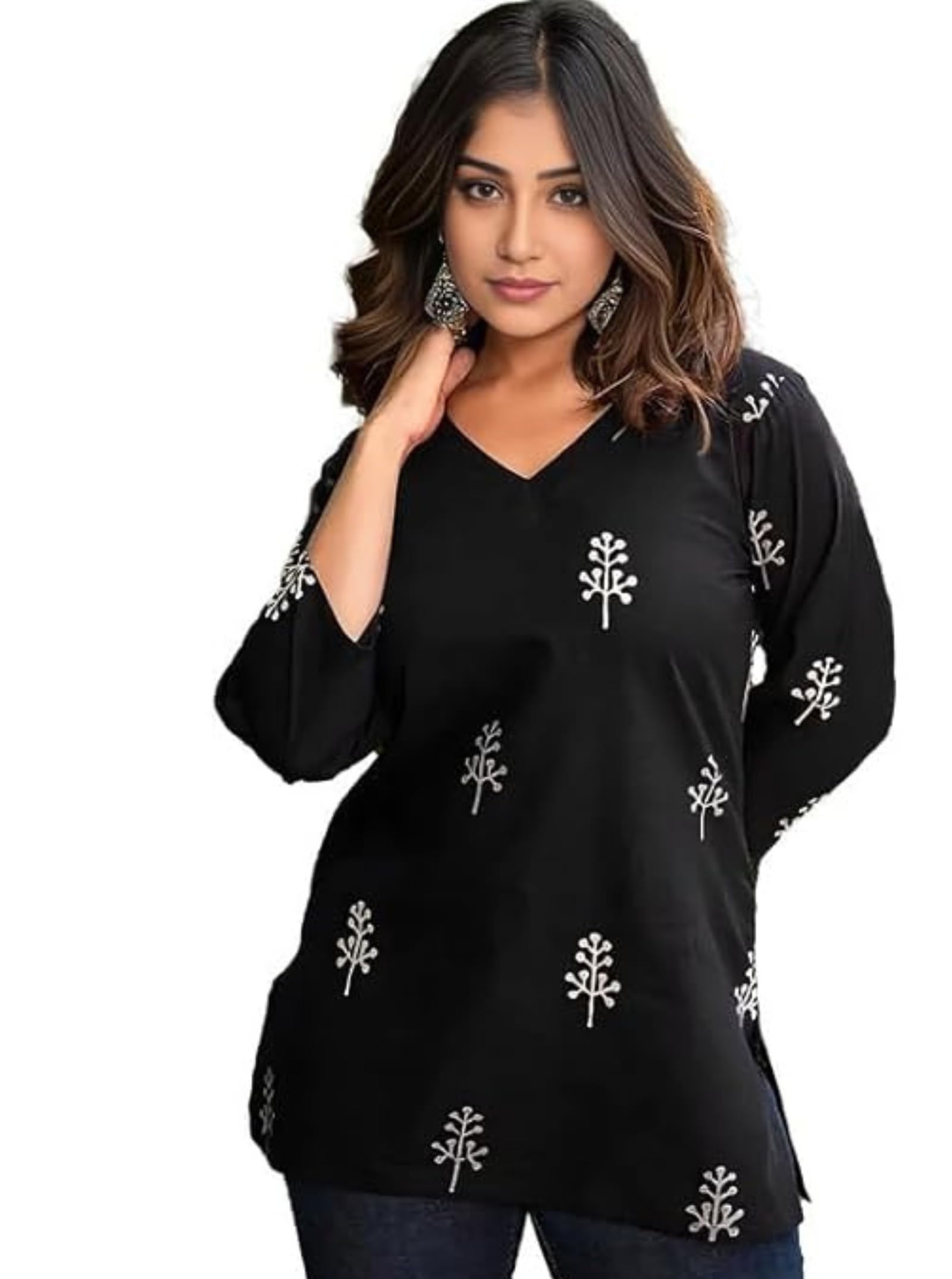 Women's Regular Fit Printed Tunic Top with 3/4 Sleeves and V Nack Long Length | Night Top for Women-image-35