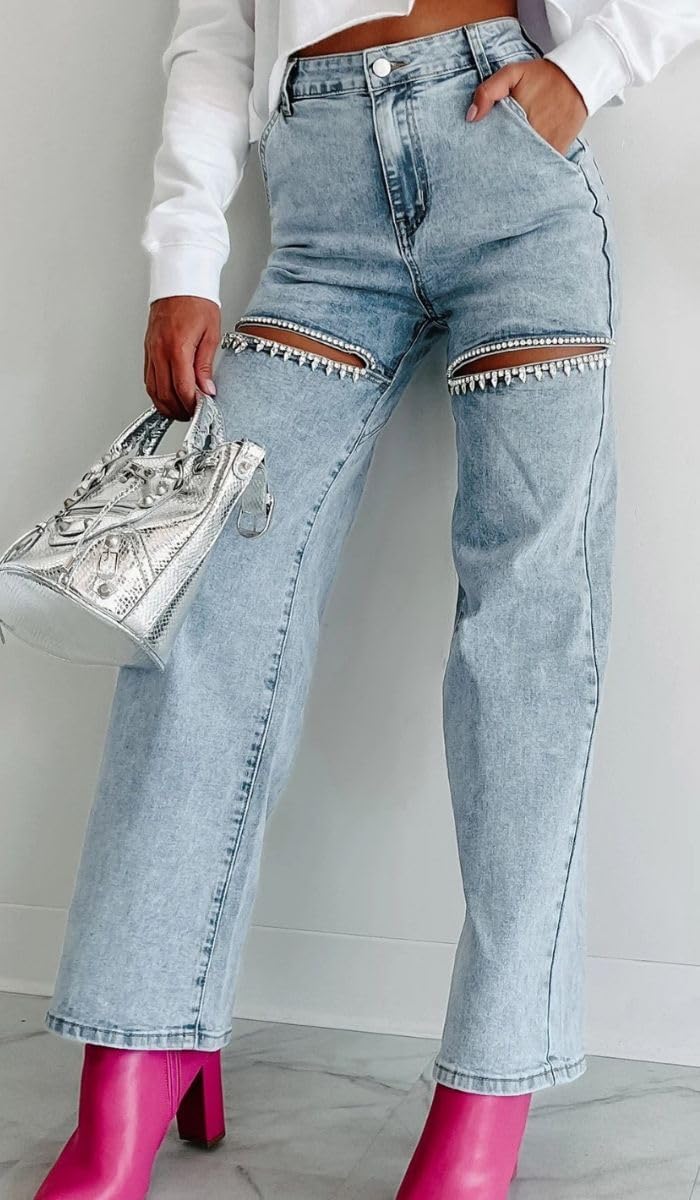 Women's High Waist Straight Wide Leg Y2K Denim Pants Cut Out Rhinestone Jeans Streetwear - Image 2