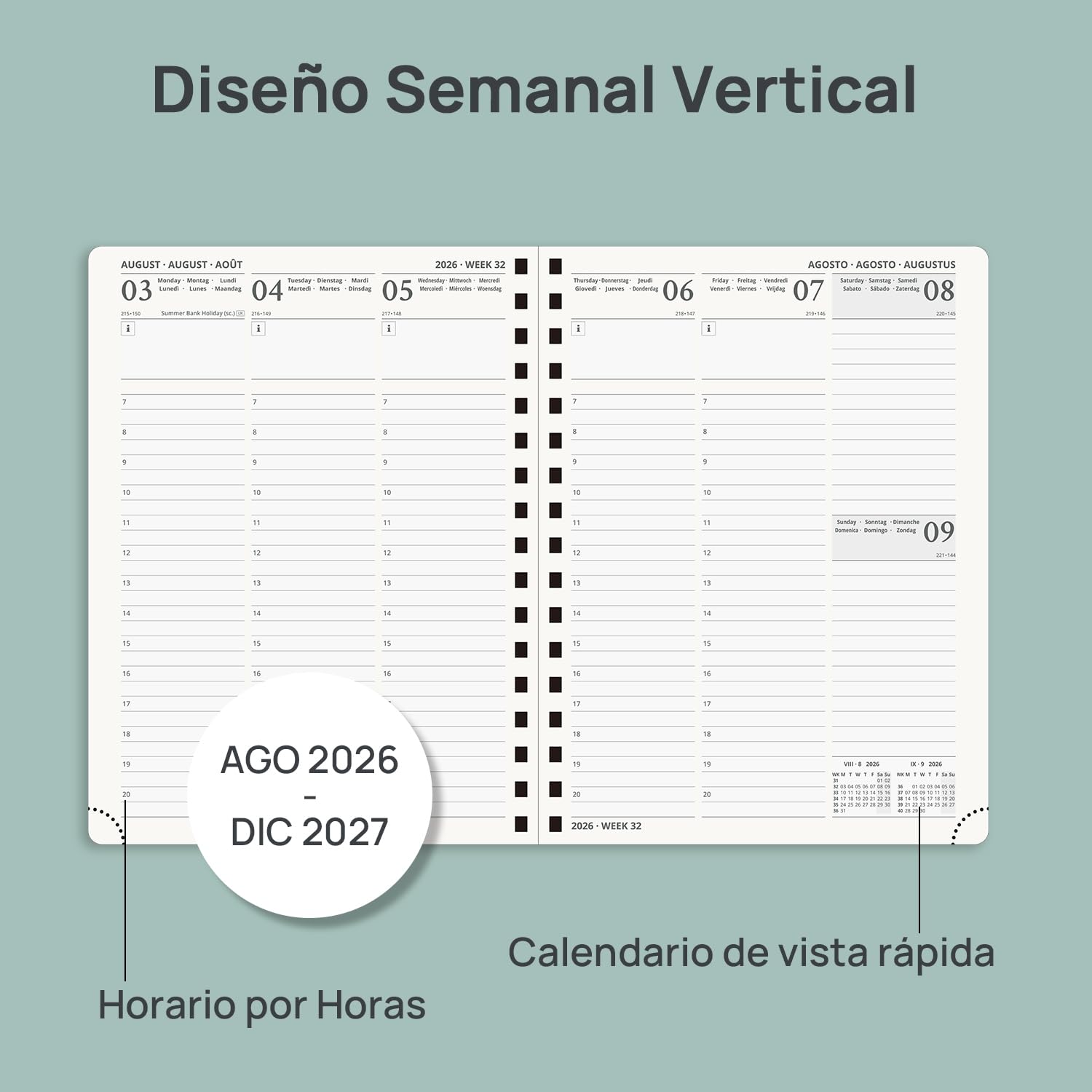 POPRUN Agenda 2026 2027 Semana Vista 22,5 x 16,5 cm, Semanal 17 Meses de Ago.2026 a Dic.2027, Planificador en Espiral, Tapa Blanda, 80 GSM Papel, Rosado