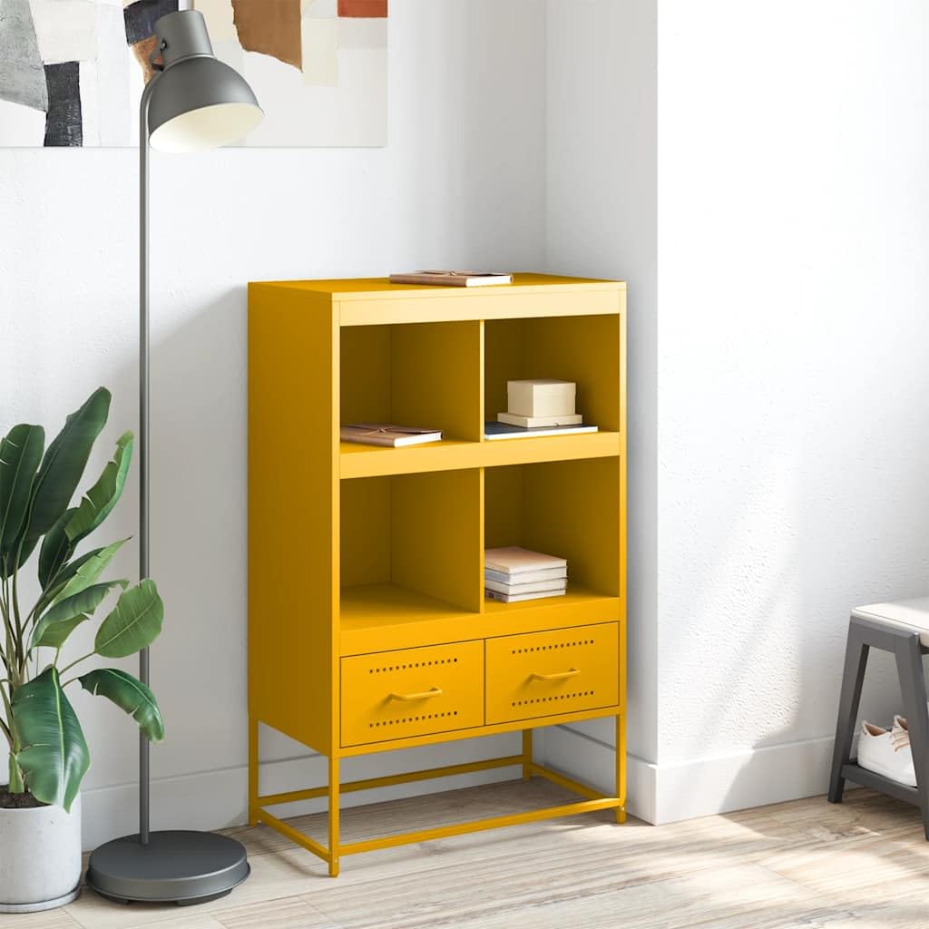 Armadietto alto, 68 x 39 x 111,5 cm, in acciaio, colore giallo | Armadio compatto in acciaio con 4 ripiani e 2 cassetti per uno spazio versatile in soggiorno o camera da letto.