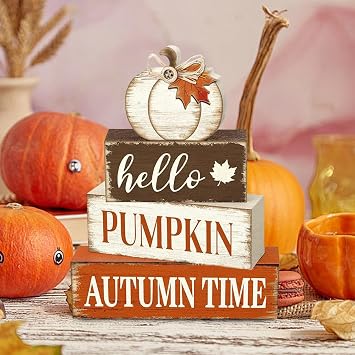 3 Pcs Fall Pumpkin Wood Table Signs,Small Size 4 Pcs Wooden Maple Leaf Tiered Tray Decor,One Side Printed Autumn Pumpkin Tabletop Decor Farmhouse Sign,Thanksgiving Table Centerpieces Pumpk